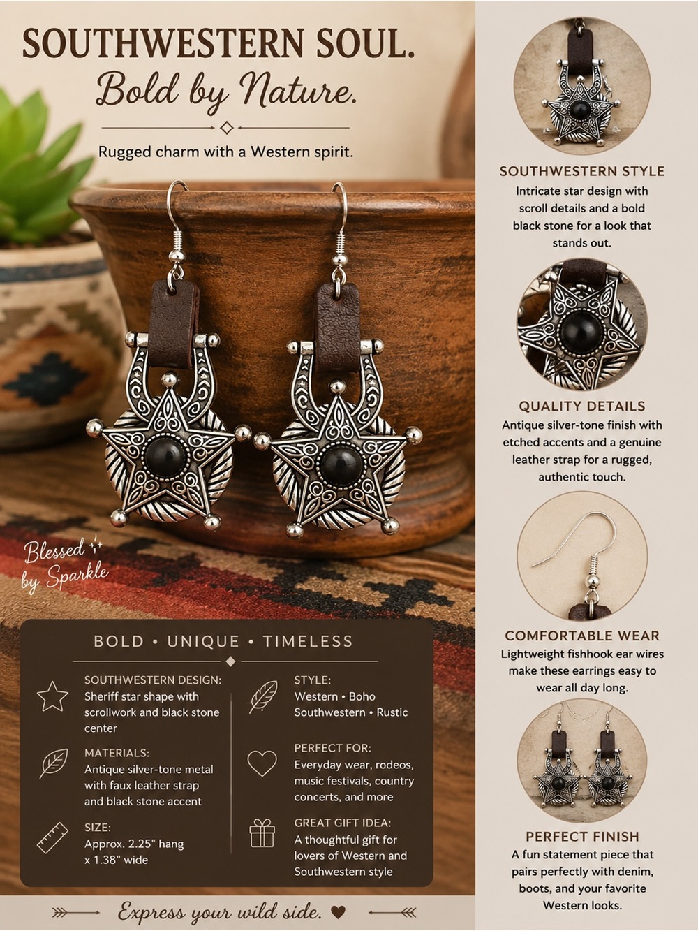 paparazzi Antique Silver-Tone Star Earrings with Black Accent and Brown Strap